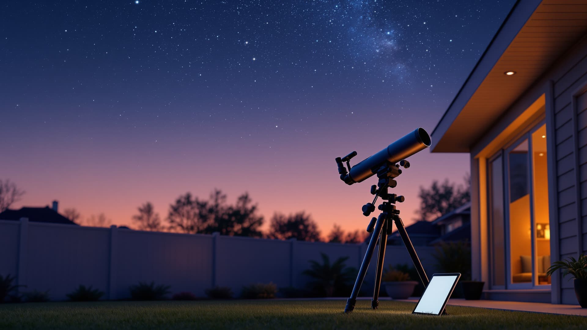 Telescope under a clear night sky with a tablet glowing beside it