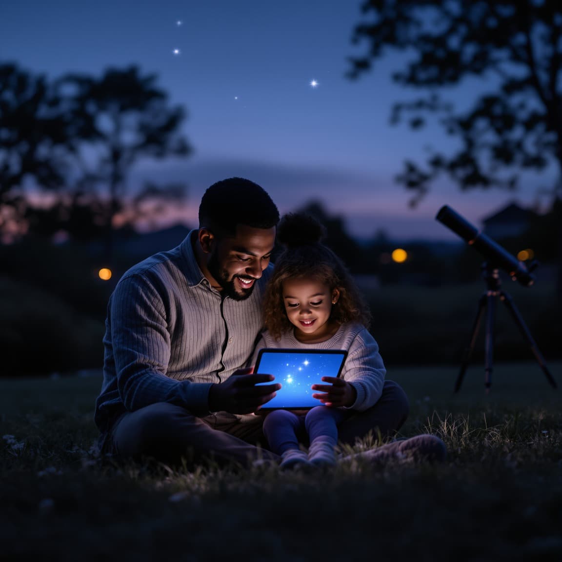 Parent and child exploring the night sky together with a tablet