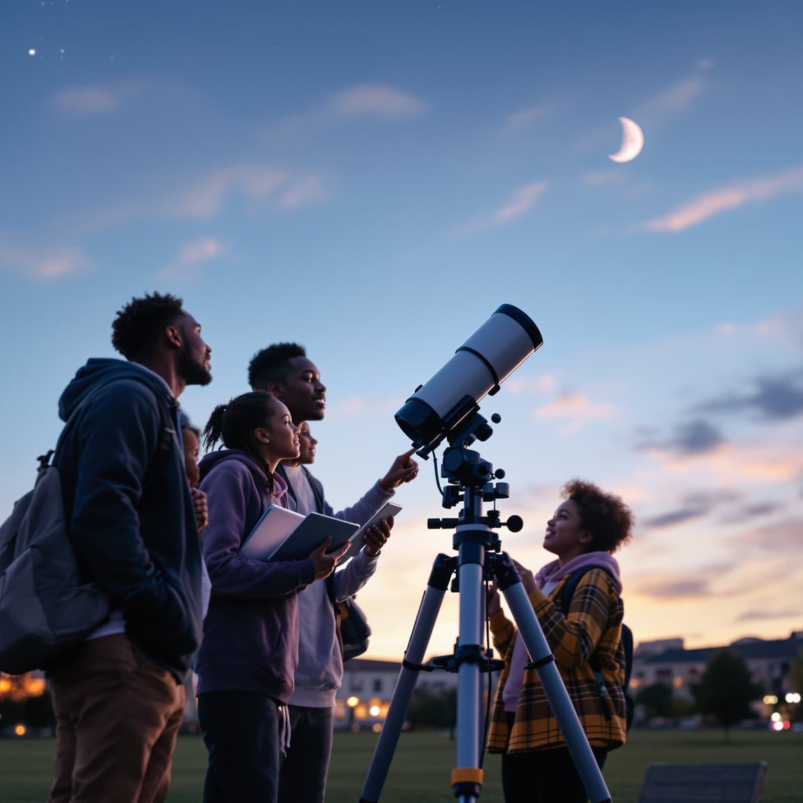 Teacher and students gathered around a telescope at dusk on a school field