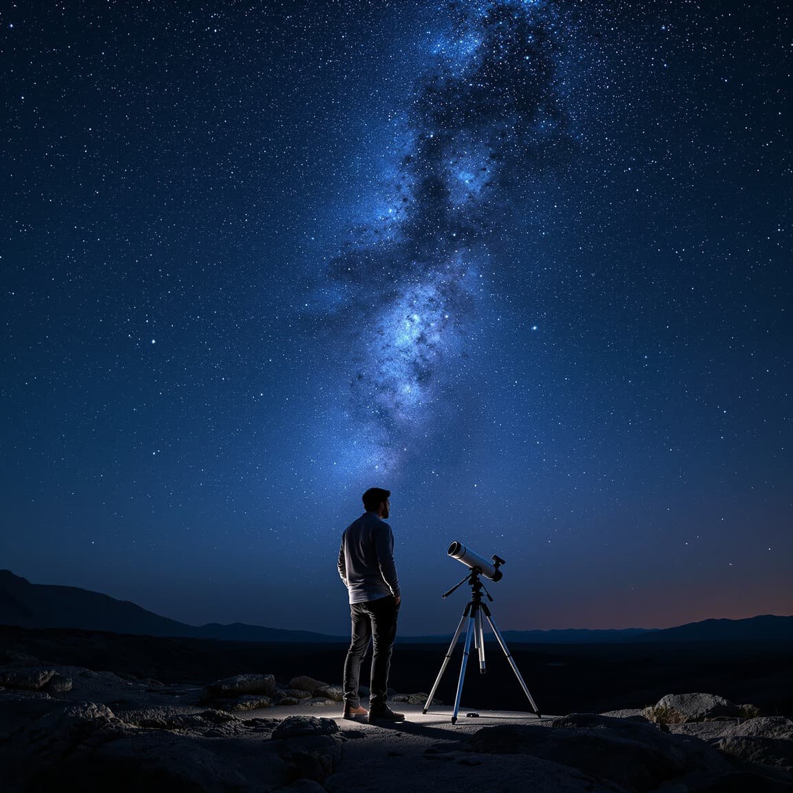 Solo astrophotographer with telescope and laptop under the Milky Way